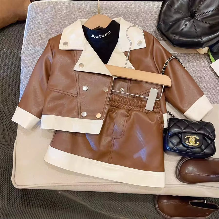 New Girls Set Autumn Collection 2024 Stylish Leather Jacket Short Skirt Childrens Wear Two Piece Set