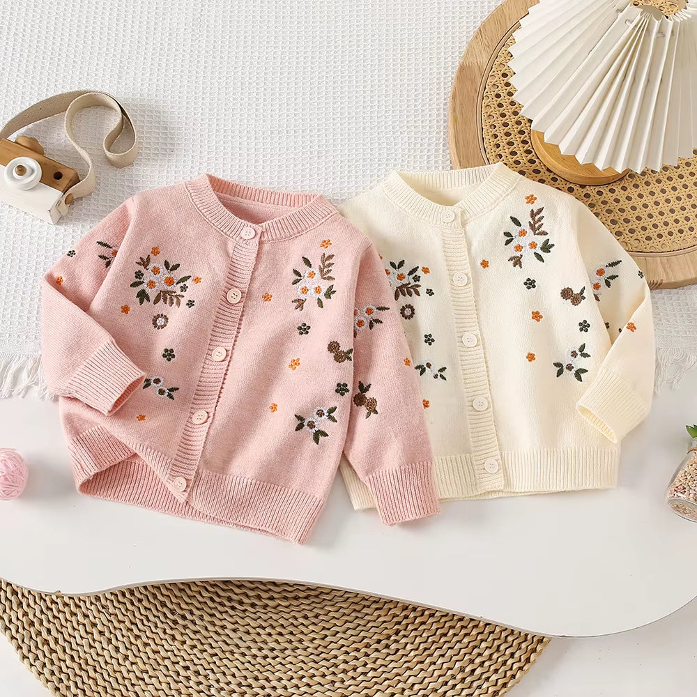 Autumn Children Girls Sweater Loose Solid Single Breasted Infant Babys Girls Knitwear Floral Embroidery Toddler Girls Cardigan