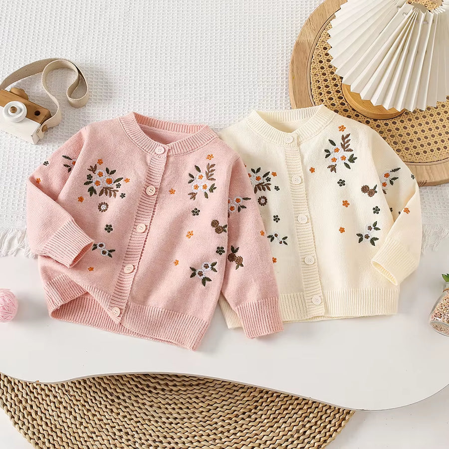 Autumn Children Girls Sweater Loose Solid Single Breasted Infant Babys Girls Knitwear Floral Embroidery Toddler Girls Cardigan