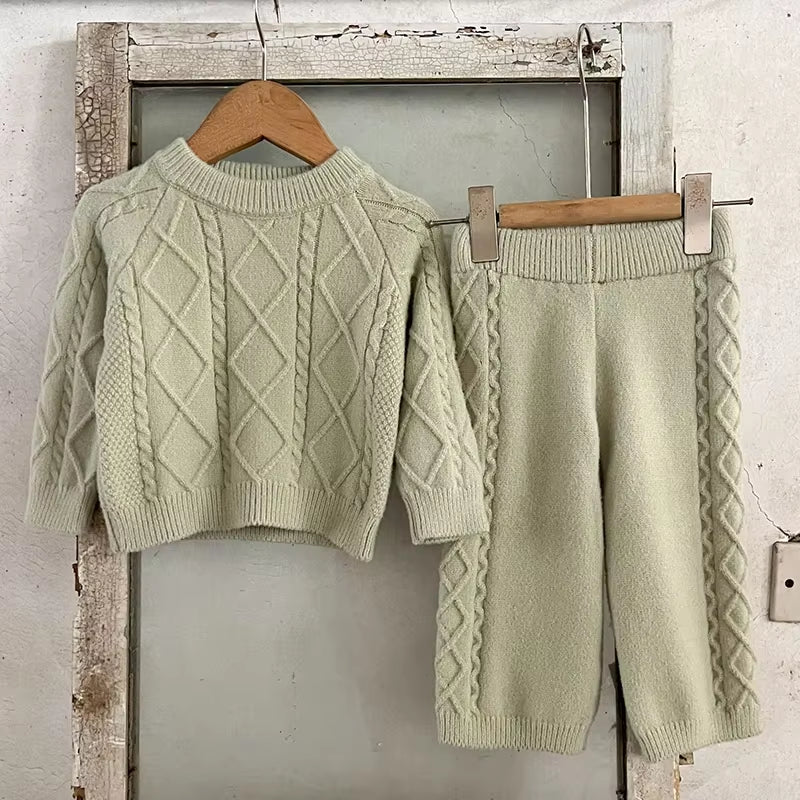 2024 New Autumn Newborn Baby Girls Clothing Set Long Sleeved Solid Color Knitted Pullover+Pants Toddler Baby Girl Clothes Suit