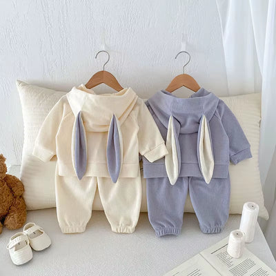 New Spring Kids Clothes Set Girls Cute Waffle Rabbit Ear Hooded Jacket +Pants Baby Sports Suit 2PCS