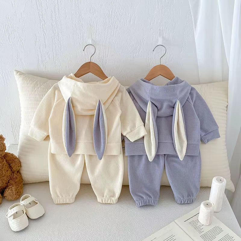 New Spring Kids Clothes Set Girls Cute Waffle Rabbit Ear Hooded Jacket +Pants Baby Sports Suit 2PCS