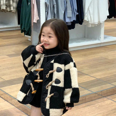 Korean Girls' Winter Clothes Fashion Thick Velvet Checkerboard Pattern Wool Sweater Cow Horn Button Lamb Wool Warm Jacket