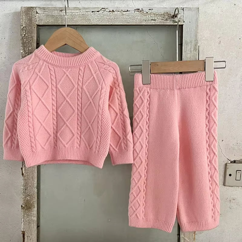 2024 New Autumn Newborn Baby Girls Clothing Set Long Sleeved Solid Color Knitted Pullover+Pants Toddler Baby Girl Clothes Suit