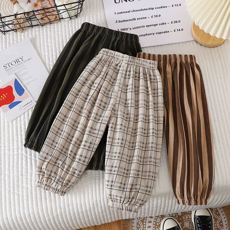 New Summer Kids Casual Pants 1-6Y Simple Boys Grid Sweat Pants Korean Loose Thin Children Striped Letter Trousers