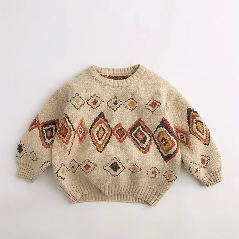 2024 Autumn Winter Colorful Grid Retro Kids Sweaters Vintage Boys Warm Pullover Thicken Girls Knitwear Coat
