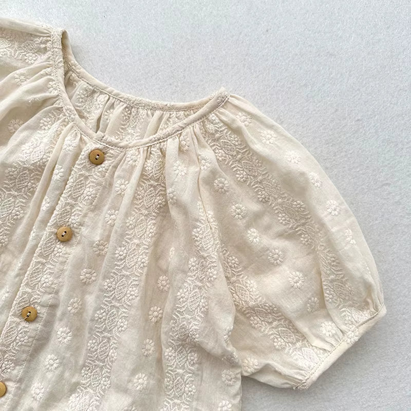 2024 New Summer Kids Baby Shirt Girls Sweet Embroidery Floral Blouse Tops Children Outwear Clothes 1-6T