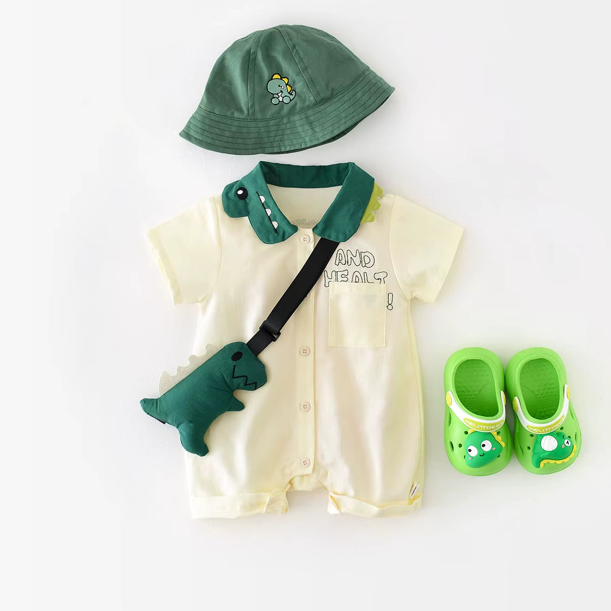 0-2Y Summer Baby Boys Clothes Single Breast Rompers Cartoon Dinosaur Jumpsuits Toddler Outfit with Bag