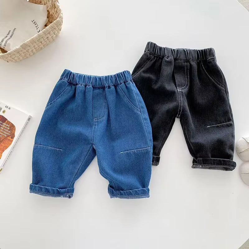 New Autumn Kids Jeans 9M-5T Children Girls Solid Color Denim Blue Pants Baby Boys Cute Casual Trousers