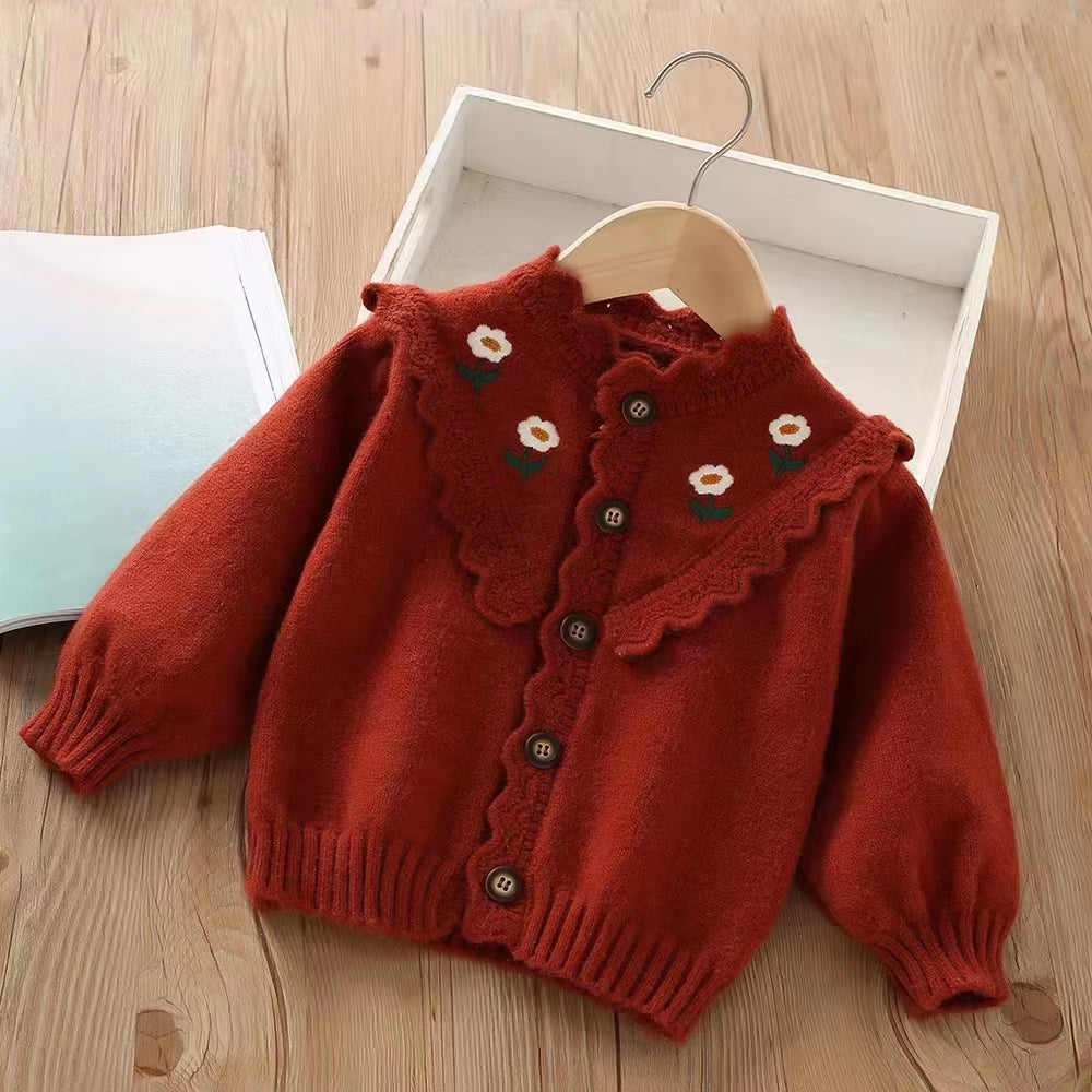 Autumn Children Girls Sweater Loose Solid Single Breasted Infant Babys Girls Knitwear Floral Embroidery Toddler Girls Cardigan