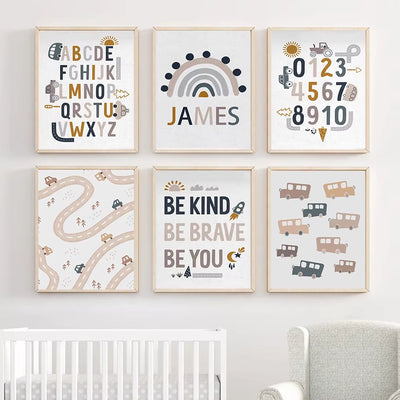 Boho Car Traffic Rainbow Alphabet Digit Wall Art Canvas Painting Nordic Cartoon Posters and Prints Pictures Baby Kids Room Decor