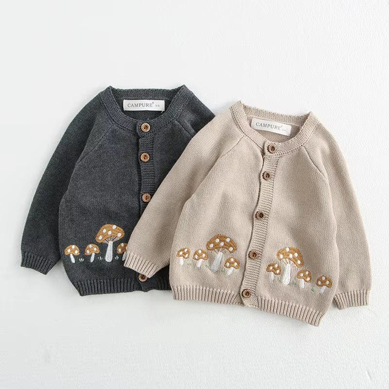 0-3 Y 2024 Autumn Baby Sweater Infant Girls Mushroom Embroidery Cardigan Toddler Boys Knitted Coat Optional Bodysuit