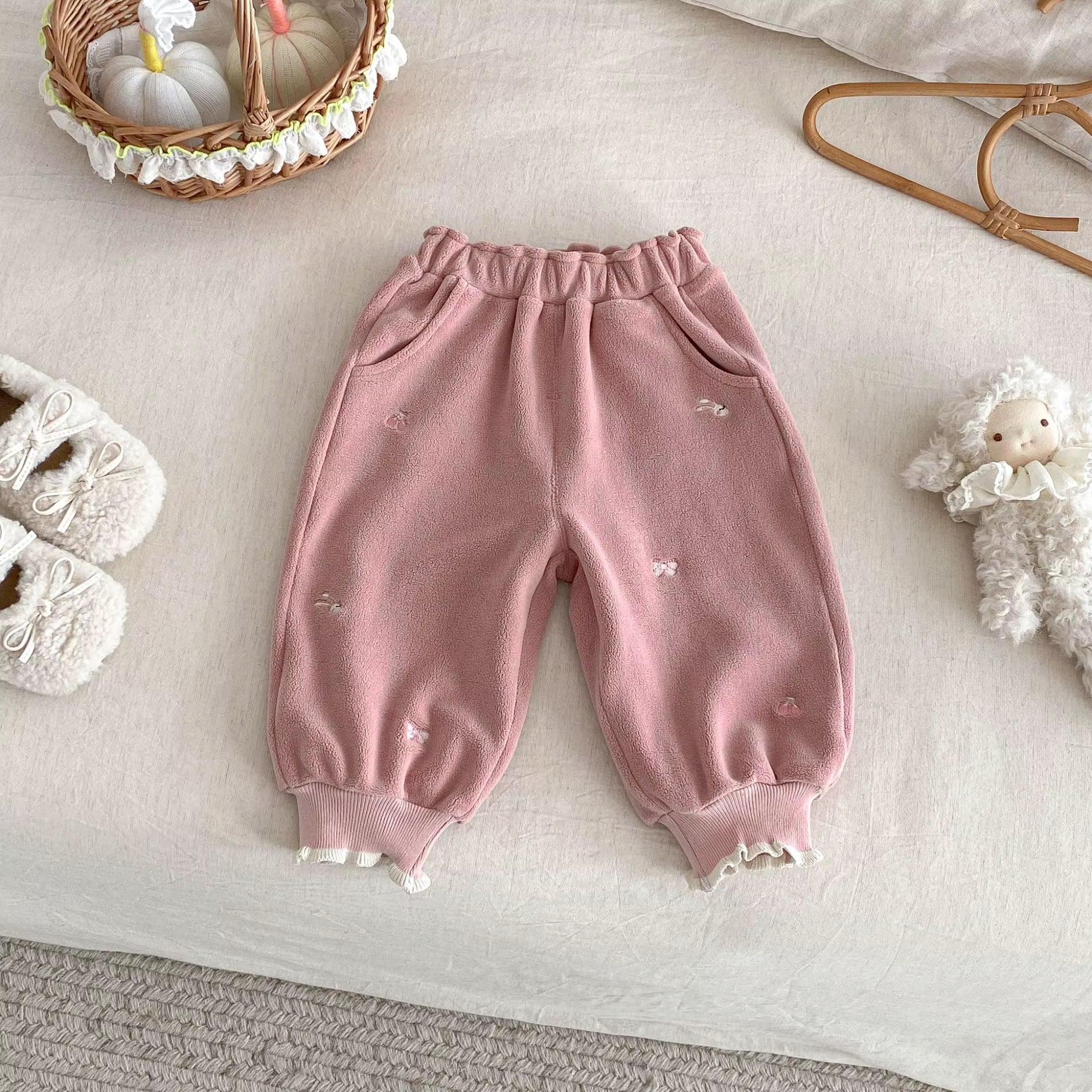 0-5 Y Winter Girls Pants Brushed Fleece Girls Pants Cartoon Embroidery Girls Trousers Warm Lining Kids Full Length Pants