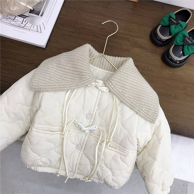 Girls' Flannel Cotton Coat Autumn and Winter Styles, Children'S Retro Buckle Korean Version Yarn Collar Cotton Clothing Trend
