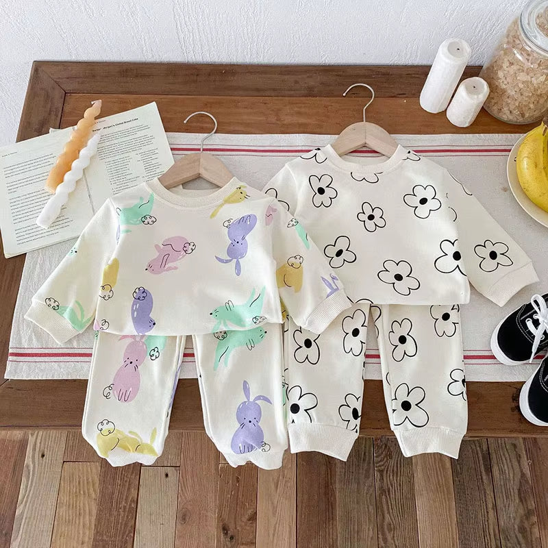 1-4Y Kids Clothing Set Cartoon Print Boys Track Suit O- Neck Hoodie and Full Length Pants 2PCS Girls Suit