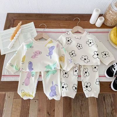 1-4Y Kids Clothing Set Cartoon Print Boys Track Suit O- Neck Hoodie and Full Length Pants 2PCS Girls Suit