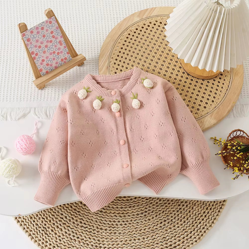 Autumn Children Girls Sweater Loose Solid Single Breasted Infant Babys Girls Knitwear Floral Embroidery Toddler Girls Cardigan
