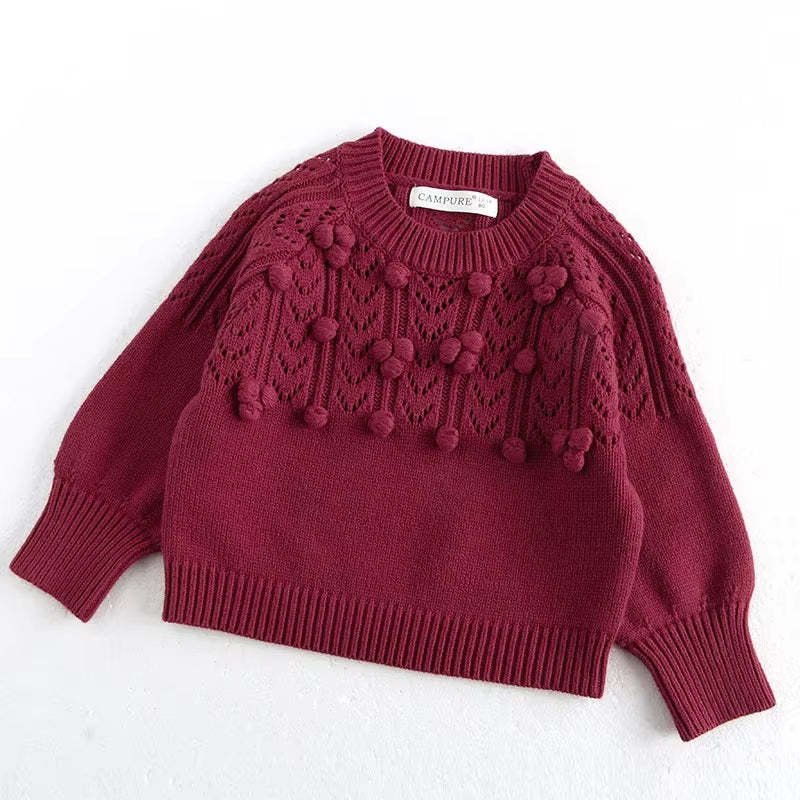 New Autumn Kids Sweater 6M-4T Cute Hollow-Out Fur Ball Girls Knitted Pullover Loose Sweet Korean Children Outwear