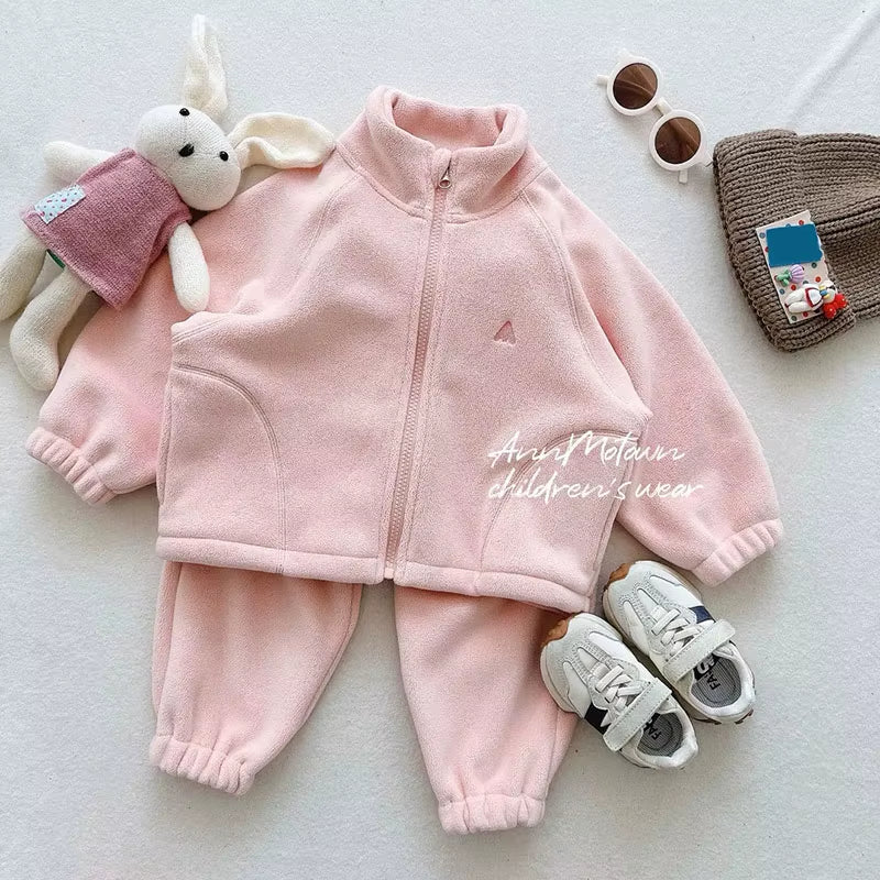 New Autumn Kids Clothes Set 2-7T Solid Color Girls Thicken Jacket+Pants Candy Color Cute Children Outfit 2PCS