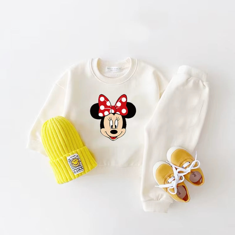 Minnie Sweatshirt Suits Black White Two Piece Set Spring Autumn Costume Fashion Simple Hoodies Sweatpants Kids New Clothing