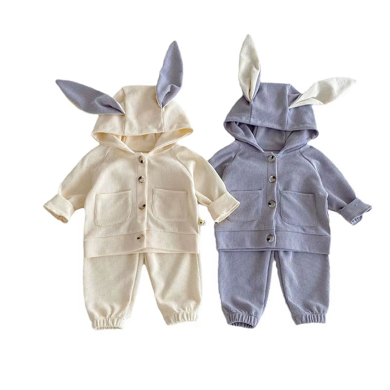 New Spring Kids Clothes Set Girls Cute Waffle Rabbit Ear Hooded Jacket +Pants Baby Sports Suit 2PCS