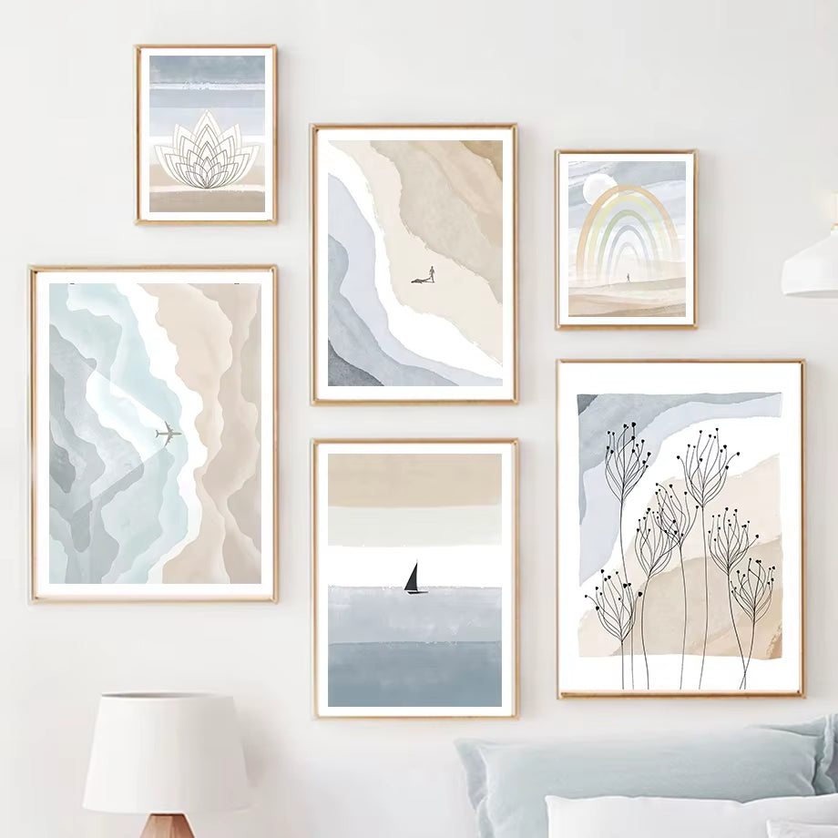 Boho Ocean Sun Rainbow Lotus Tree Abstract Landscape Posters and Prints Wall Art Canvas Painting Pictures for Living Room Decor