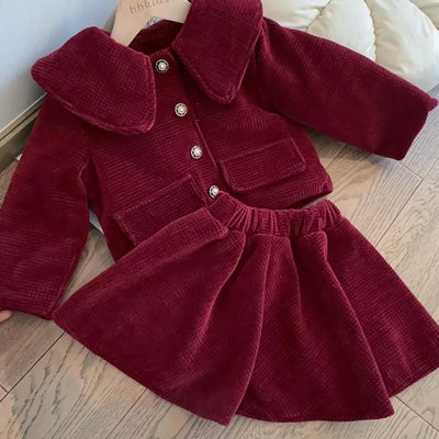 Girls Set Red New Year Dress Set New Baby Cotton Clip Thickened Women Treasure Coat Top Autumn/Winter Plush Skirt Two Piece Set