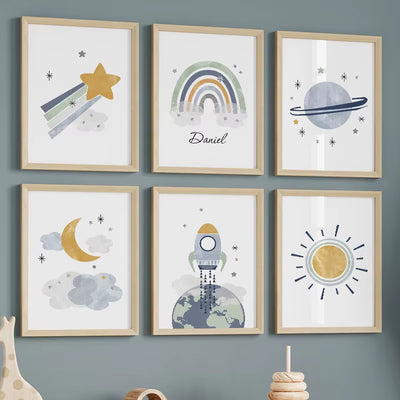 Sun Rainbow Moon Stars Planet Rocket Cartoon Explore Wall Art Canvas Painting Posters and Prints Pictures Baby Kids Room Decor