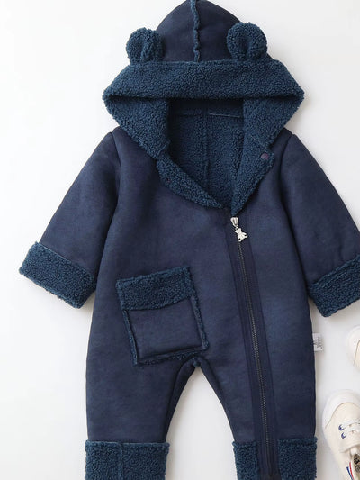 0-2Y Winter Baby Boys Clothes Fur Hoodie Girls Jumpsuits Fleece Lining Baby Rompers Windy Break Infant Outfit