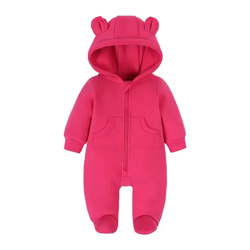 Solid Color Newborn Baby Boy Clothes Long Sleeve Hooded Zipper Baby Clothes Girls Footies Winter Warm Infant Clothing 3-24Months