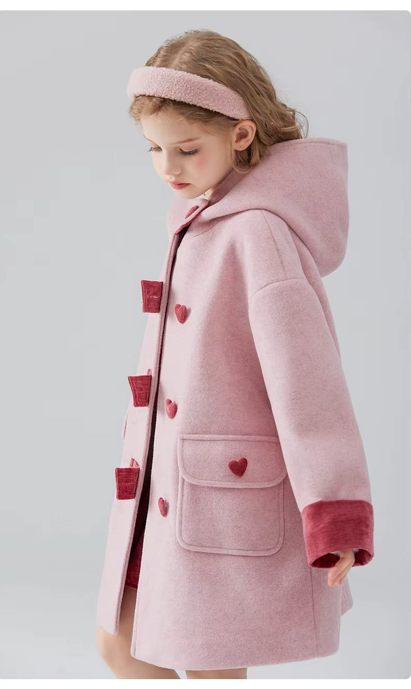 2025 New High-End Contrasting Color Girls Woolen Coat Autumn and Winter Thick Children Cotton Hooded Jacket