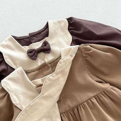 Spring Retro Ruffle Front Bow Knot Dress for Kids Baby Girls Clothing Cotton Splicing Toddler School Princess Dresse