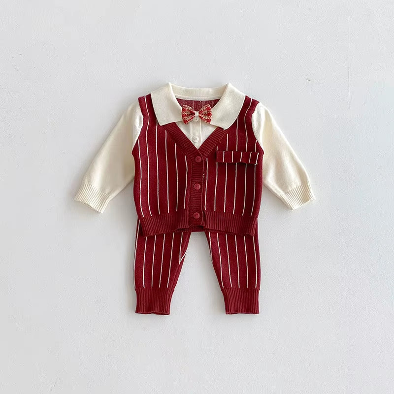 New Autumn Baby One Year Old Set 3-24M Vertical Stripes Boys' Red Suit Handsome Toddler Thin Knitted Two-Piece Set