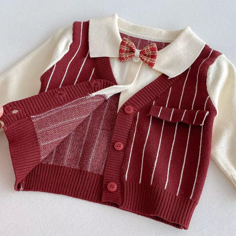 New Autumn Baby One Year Old Set 3-24M Vertical Stripes Boys' Red Suit Handsome Toddler Thin Knitted Two-Piece Set