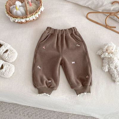 0-5 Y Winter Girls Pants Brushed Fleece Girls Pants Cartoon Embroidery Girls Trousers Warm Lining Kids Full Length Pants