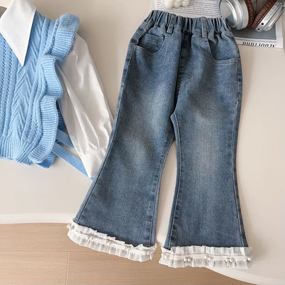 Childrens Clothing Set 2024 New Girls Autumn Clothing Knitted Vest White Shirt Jeans Three Piece Set