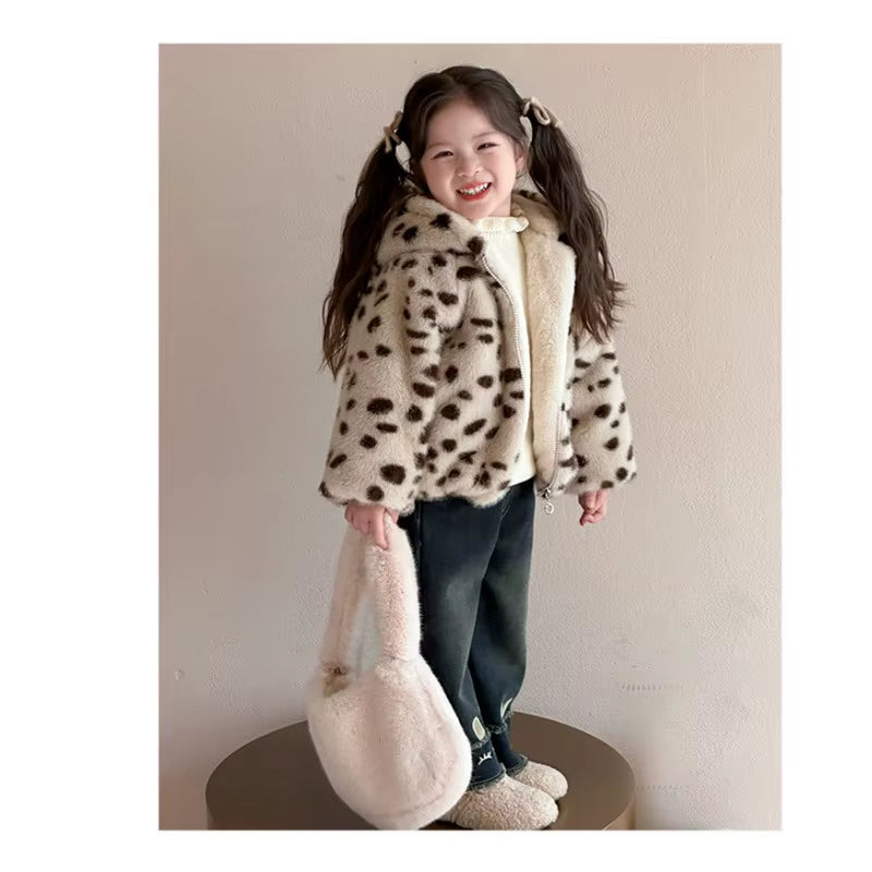 Korean Popular Girl'S Leopard Print Hooded Sweater 2025 New Foreign Trade Winter Imitation Fur Cotton Coat Children'S Clothing