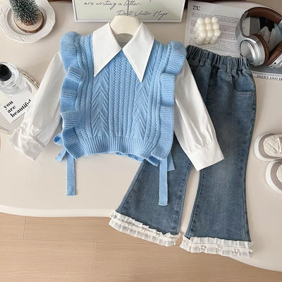 Childrens Clothing Set 2024 New Girls Autumn Clothing Knitted Vest White Shirt Jeans Three Piece Set