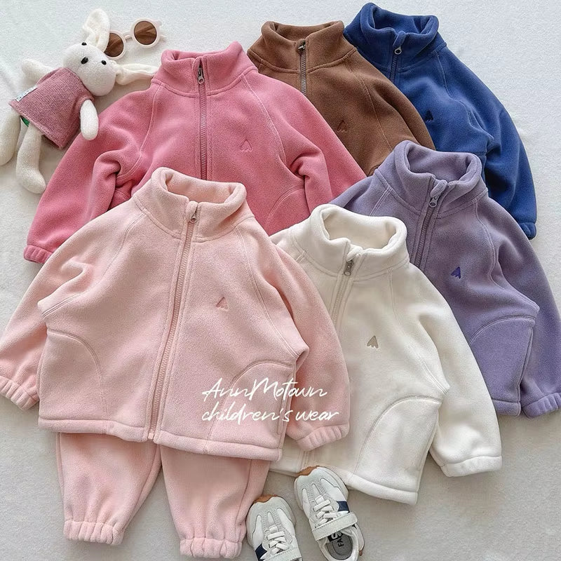 New Autumn Kids Clothes Set 2-7T Solid Color Girls Thicken Jacket+Pants Candy Color Cute Children Outfit 2PCS