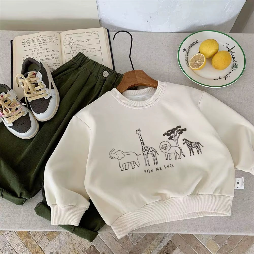 Beige Sweatshirts Spring/Autumn Wear for Kids Cartoon Animals Print Long Sleeve Simple Casual round Neck Tops Children Clothes