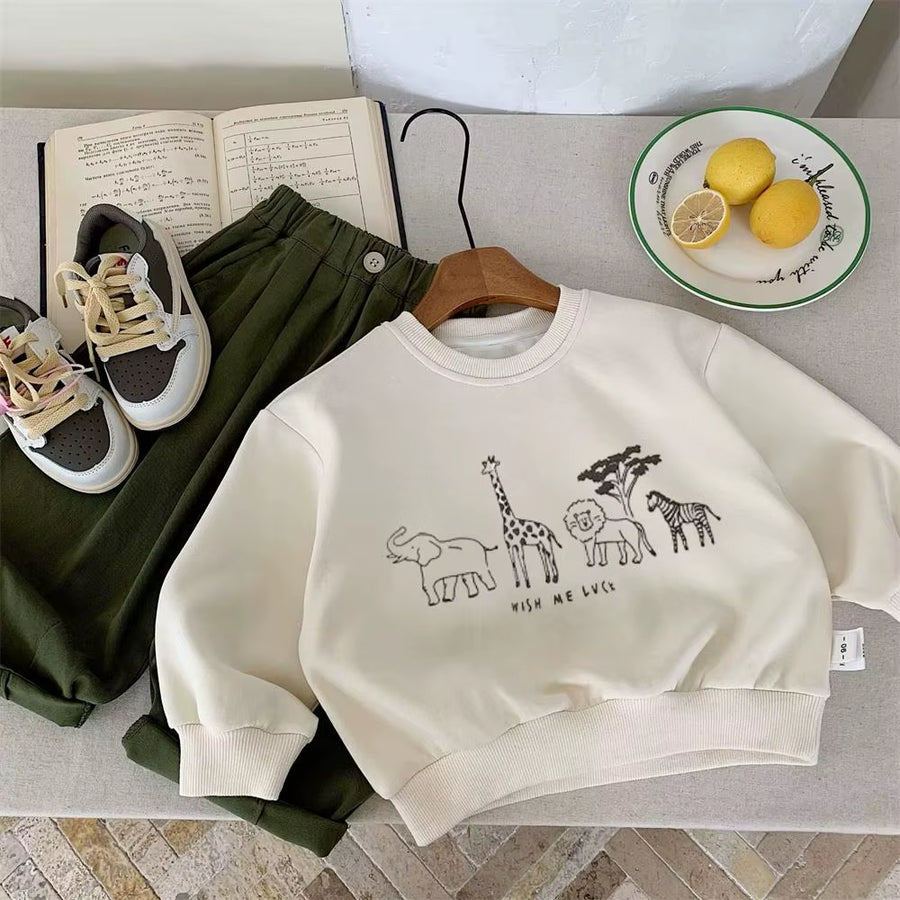 Beige Sweatshirts Spring/Autumn Wear for Kids Cartoon Animals Print Long Sleeve Simple Casual round Neck Tops Children Clothes