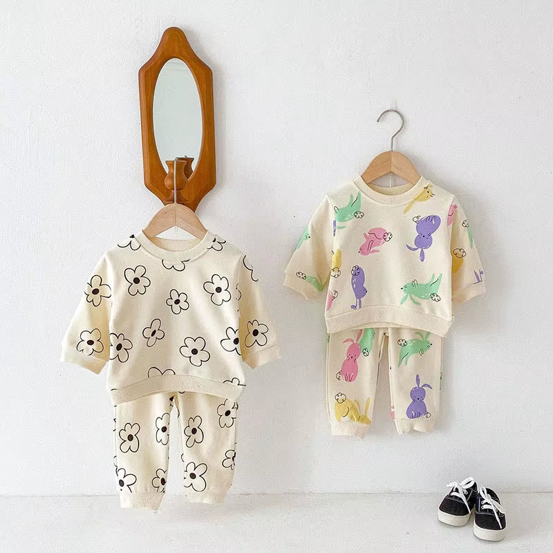 1-4Y Kids Clothing Set Cartoon Print Boys Track Suit O- Neck Hoodie and Full Length Pants 2PCS Girls Suit