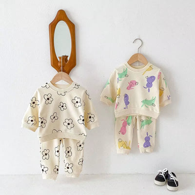 1-4Y Kids Clothing Set Cartoon Print Boys Track Suit O- Neck Hoodie and Full Length Pants 2PCS Girls Suit