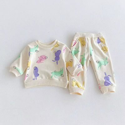 1-4Y Kids Clothing Set Cartoon Print Boys Track Suit O- Neck Hoodie and Full Length Pants 2PCS Girls Suit