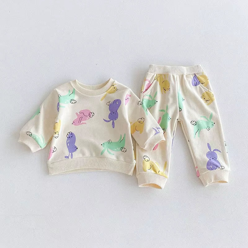 1-4Y Kids Clothing Set Cartoon Print Boys Track Suit O- Neck Hoodie and Full Length Pants 2PCS Girls Suit