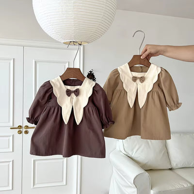 Spring Retro Ruffle Front Bow Knot Dress for Kids Baby Girls Clothing Cotton Splicing Toddler School Princess Dresse