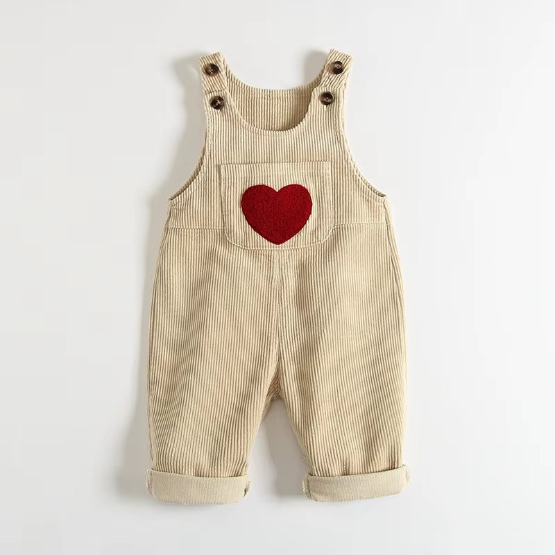 1-4Y Spring Kids Baby Clothes Heart Embroidery Baby Boys Girls Bib Pants Solid Overalls Corduroy Casual Suspender Outwear