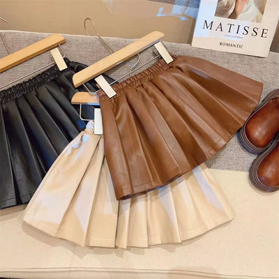 New Children'S Skirt 2025 Autumn/Winter New PU Leather Skirt Solid Color Hundred Fold Half Body Skirt Versatile