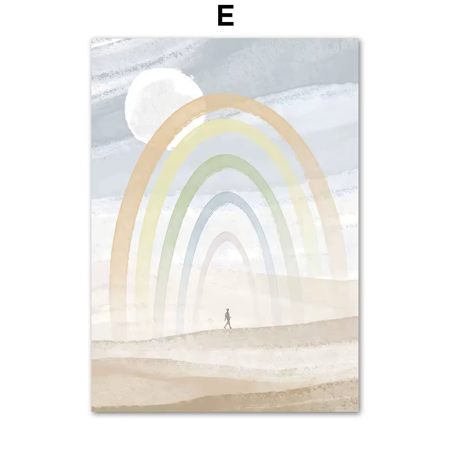 Boho Ocean Sun Rainbow Lotus Tree Abstract Landscape Posters and Prints Wall Art Canvas Painting Pictures for Living Room Decor