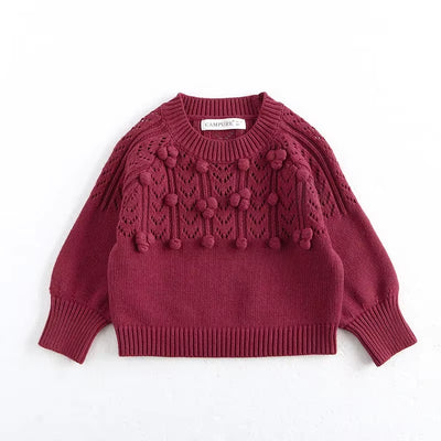 New Autumn Kids Sweater 6M-4T Cute Hollow-Out Fur Ball Girls Knitted Pullover Loose Sweet Korean Children Outwear